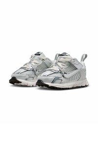 Une paire de chaussures de course Nike blanches et argentées avec un tissu en maille, des lacets et des semelles noires texturées sur un fond blanc.