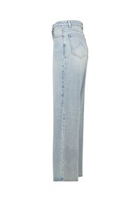 Light blue, high-waisted jeans with a straight leg design. Made of denim, featuring stitching details and a classic back pocket shape.
