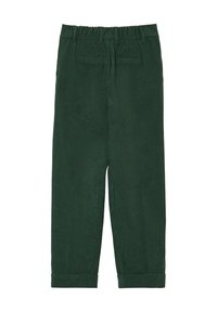 Pantaloni in velluto a coste verdi con una vestibilità rilassata, dotati di un elastico in vita, risvolti sulle caviglie e tasche posteriori.