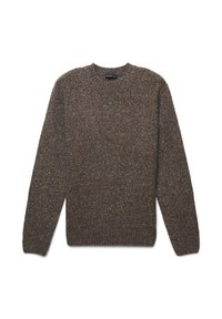 Brauner Pullover aus strukturiertem Strickstoff; mit klassischem Rundhalsausschnitt und langen Ärmeln. Einfaches, ungeschmücktes Design mit lockerer Passform.
