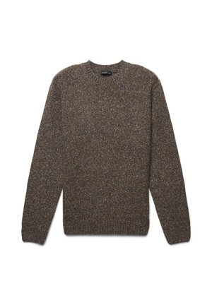 Brauner Pullover aus strukturiertem Strickstoff; mit klassischem Rundhalsausschnitt und langen Ärmeln. Einfaches, ungeschmücktes Design mit lockerer Passform.