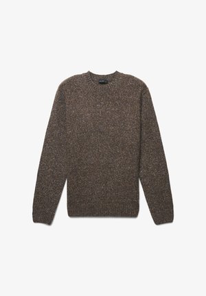 Brauner Pullover aus strukturiertem Strickstoff; mit klassischem Rundhalsausschnitt und langen Ärmeln. Einfaches, ungeschmücktes Design mit lockerer Passform.