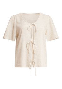 Helle beige Bluse mit kurzen Puffärmeln, V-Ausschnitt und drei Bindeschließen vorne. Weicher, strukturierter Stoff mit lässigem Design.