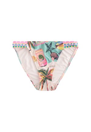 Partea de jos a bikiniului cu imprimeu tropical colorat, incluzând palmieri, stele de mare, scoici și doze de băutură pe un fundal bej deschis.