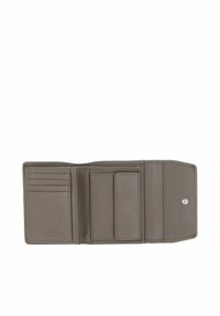 Portefeuille en cuir gris, doté de plusieurs emplacements pour cartes, d'un compartiment central spacieux et d'une fermeture à bouton-pression. Texture lisse, design minimaliste.