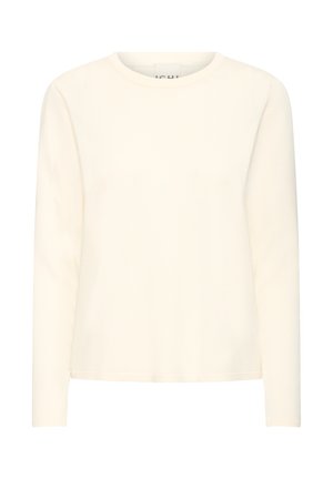 Kreemika värvi pikkade varrukatega ümmarguse kaelusega särk, millel on lihtne, sile tekstuur ja sirge alumine äär, kuvatud valgel taustal.