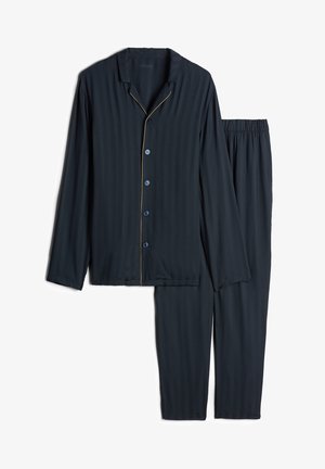 Men's pajama set in navy blue, featuring a button-up top with a collar and contrast piping, and matching elastic waistband pants with stripes.