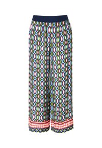 Multicolore wijdelijf broek met een geometrisch patroon van ovalen en diamanten, een marineblauwe tailleband en een decoratieve zoomband.