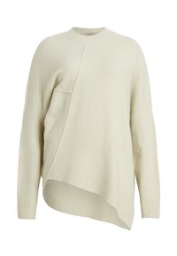 Pull oversized beige clair avec une finition texturée, présentant un ourlet asymétrique, des manches larges, et un col et des poignets côtelés.