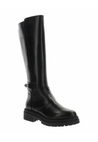 Botte haute noire en cuir avec semelle épaisse à crampons et petite boucle près de la cheville, présentée sur fond blanc.