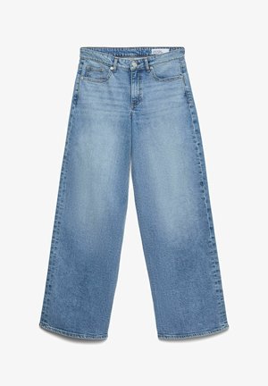 Jasnoniebieskie jeansy o szerokich nogawkach, z przednimi kieszeniami, szlufkami na pasek i zapięciem na guzik, z delikatnym wyblaknięciem na udach.
