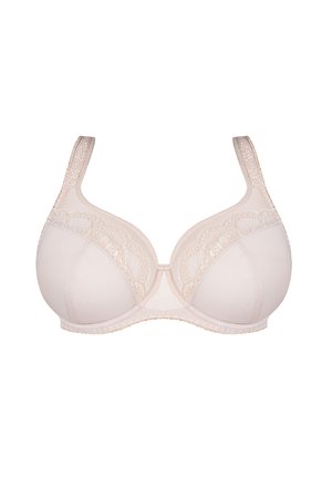 Beige underwire bh med blonde detaljer, blødt tekstureret stof, justerbare stropper og en fuld dækning design. Har et centralt dekorativt panel.