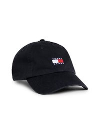 Black cap made of fabric with a curved brim, featuring a small Tommy Jeans logo patch in red, white, and blue on the front.