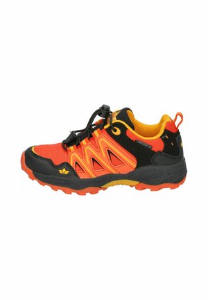 Orange and black athletic trail shoe with yellow accents, mesh upper, pull tab, rugged sole, and toggle lace closure, viewed from the side.