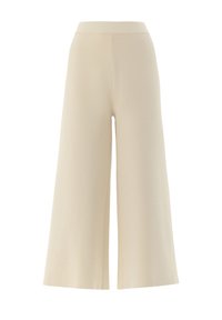 Beige breite Hosen mit glatter Textur, hohem Bund und klaren Linien. Hergestellt aus einem weichen, dehnbaren Stoff für angenehmen Tragekomfort.