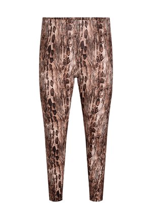 Leggings color bronzo con motivo a stampa di serpente. Realizzati in tessuto elastico, presentano un'alta vita e un design aderente.