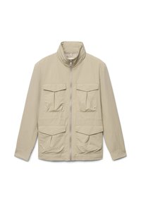 Hellbeige Jacke mit hohem Kragen, Frontreißverschluss und vier großen Taschen. Gefertigt aus einem strukturierten, leichten Stoff.