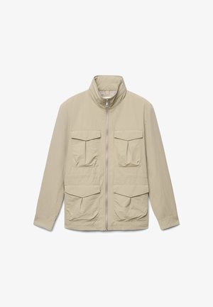 Light beige jacket with a high collar, front zipper, and four large pockets. Made from a textured, lightweight fabric.