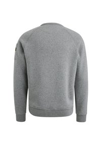 Grauer Sweatshirt mit Rundhalsausschnitt, gerippten Bündchen und Saum. Verfügt über Raglanärmel und eine Seitentasche mit einem kleinen Label-Detail.