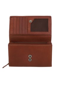 Brown leather wallet with multiple card slots, a mesh ID window, and a two-button closure. Smooth texture and contrasting stitching details.