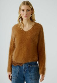 V-Ausschnitt, langärmliger Pullover aus flauschigem braunem Material, mit einem zarten Spitzenbesatz am unteren Rand, kombiniert mit blauen Jeans.