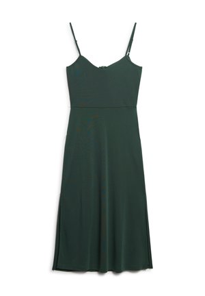 Groene, mouwloze jurk met een getailleerde bovenkant en een uitlopende rok. Gemaakt van gladde stof met zijslits en dunne verstelbare bandjes.