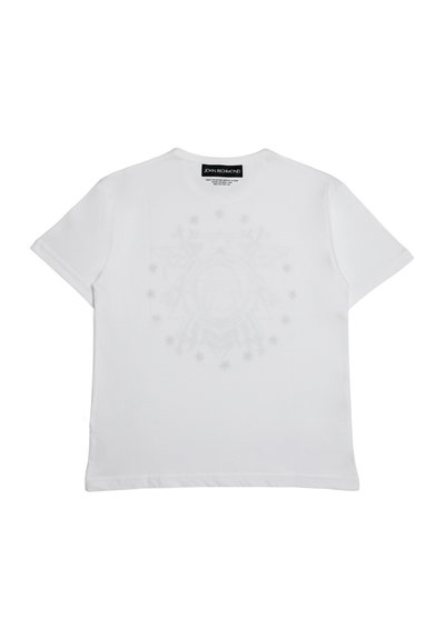 T-shirt bianca a maniche corte con scollo rotondo e un delicato motivo circolare sulla schiena, con etichetta del marchio John Richmond all'interno del colletto.