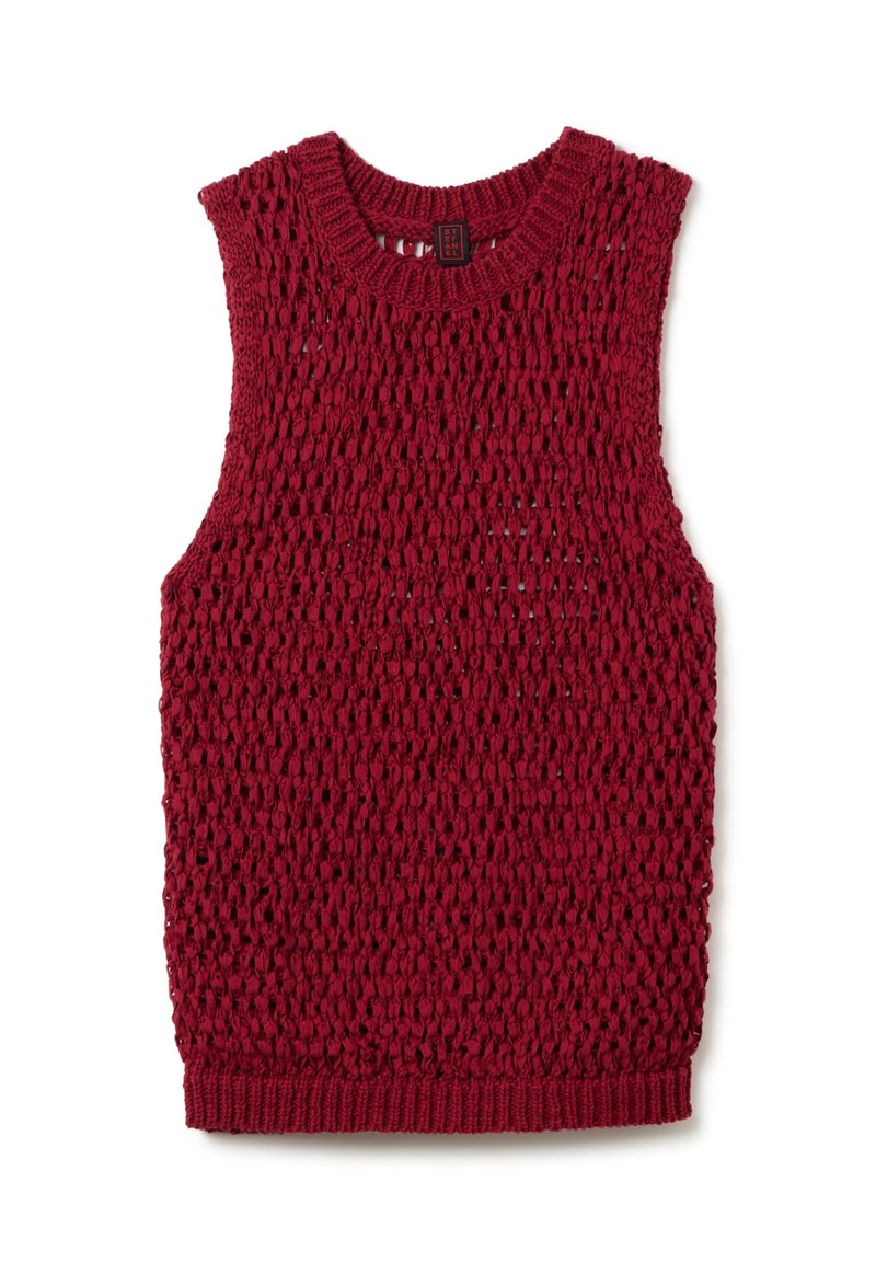 Top senza maniche rosso realizzato in un materiale leggero e traspirante, con una trama aperta e morbida. Presenta un ampio scollo rotondo e un orlo a costine.