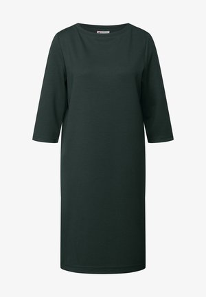 Donkergroen, jurk tot de knie met driekwartmouwen en een ronde halslijn, gemaakt van zacht tricot stof.