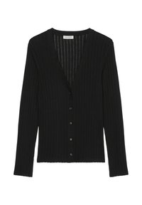 Czarny prążkowany kardigan z głębokim dekoltem w kształcie litery V, długimi rękawami i sześcioma guzikami z przodu. Wykonany z miękkiego materiału o teksturowanym wykończeniu.