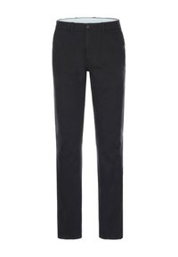 Donkergrijze broek gemaakt van een glad, geweven stof. Heeft een recht-model ontwerp, knoopsluiting en riemlussen. Geen patronen of accenten.