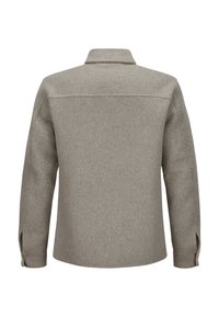 Grau Wolljacke mit Kragen, knöpffbaren Ärmeln und seitlichen Schlitzen am Saum. Sie zeichnet sich durch ein klares, strukturiertes Design mit minimalen Akzenten aus.