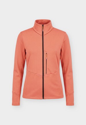 Korálovo ružová bunda s dlhým rukávom, čiernym predným zipsom, vreckom na hrudi so zipsom a vysokým golierom, zobrazená na jednofarebnom svetlom pozadí.