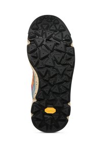 Vibram outsole with a multi-directional triangular tread pattern, predominantly black with a beige midsole and a yellow "Vibram" logo.