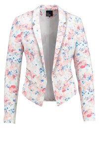 Floral blazer featuring a white base with pink and blue floral patterns, two side pockets, and a standard lapel design. Textured fabric.