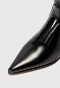 Sorte lærrete spisse sko med en blank overflate, med et strømlinjeformet design og solid svart tekstur. Ingen synlige mønstre eller detaljer.