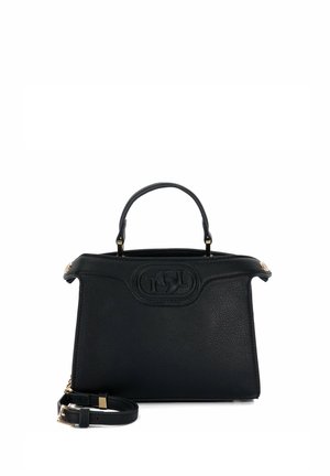 Sac à main en cuir noir avec un design structuré, muni d'une poignée supérieure et d'une bandoulière amovible. Il comprend des accents en métal doré.