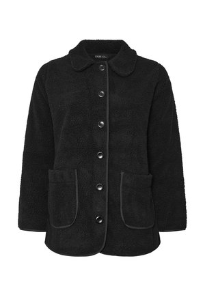 Schwarzer Fleece-Mantel mit rundem Kragen, fünf Knöpfen auf der Vorderseite, zwei vorderen Taschen und kontrastierender Borte entlang der Kanten. Weiches, strukturiertes Material.