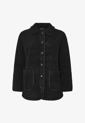 Musta fleece-takki pyöreällä kauluksella, viisi nappia edessä, kaksi etutaskua ja kontrastiväriset reunat. Pehmeä, teksturoitu materiaali.