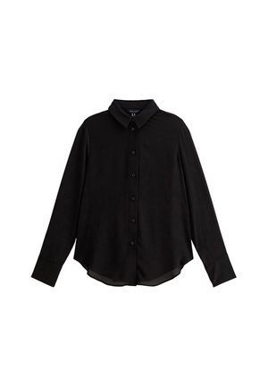 Camicia nera a maniche lunghe realizzata in tessuto morbido, con colletto a punta, chiusura a bottoni e orlo curvo. Design semplice senza motivi.