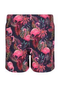 Badeshorts med mørk baggrund, der har et livligt mønster af pink flamingoer og tropiske blade. Elastisk talje og blød stoftekstur.