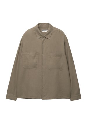 Khaki button-up shirt with a collar, two front pockets, long sleeves, and a relaxed fit. Made from soft, textured fabric.
