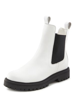 Weiße Leder-Chelsea-Stiefel mit schwarzen elastischen Seiteneinsätzen, runder Zehenpartie und robuster schwarzer Gummisohle mit gerippten Kanten.