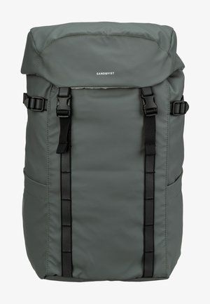 Gray roll-top backpack with black buckle straps and side adjustment clips, featuring Sandqvist branding on the front.