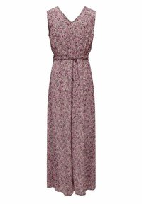 Robe longue sans manches à motif floral rose, blanc et noir, col en V et taille ceinturée avec une fine ceinture.