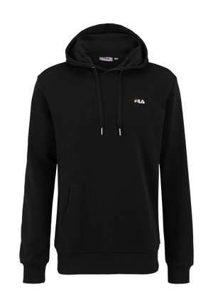 Zwarte hoodie van katoen, met een voorzak, een capuchon met trekkoord, ribgebreide manchetten en een klein rood-wit Fila-logo op de borst.