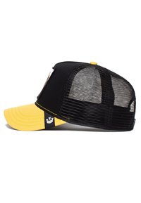 Cappellino nero e giallo con retro in rete, visiera curva e etichetta con logo. Presenta cuciture gialle sulla visiera e una chiusura snapback.