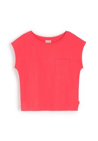 T-shirt z krótkim rękawem w kolorze koralowym, o luźnym kroju, okrągłym dekolcie i kieszeni na piersi. Miękka tkanina o gładkiej fakturze, minimalistyczny design.