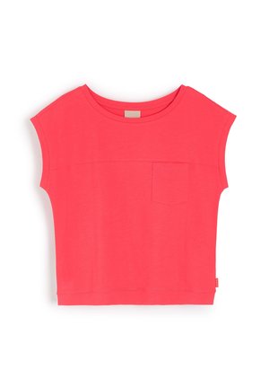 T-shirt z krótkim rękawem w kolorze koralowym, o luźnym kroju, okrągłym dekolcie i kieszeni na piersi. Miękka tkanina o gładkiej fakturze, minimalistyczny design.