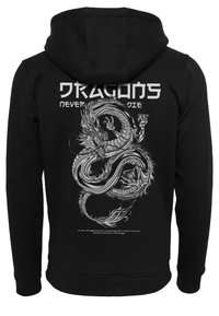 Black hoodie featuring a large white dragon graphic on the back, with the text “DRAGONS NEVER DIE” above and a smaller quote below.